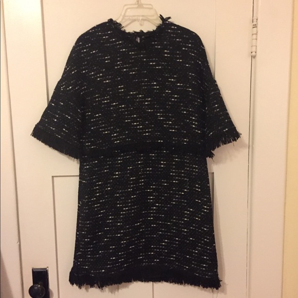 Black White Boucle Short Sleeve Dress 